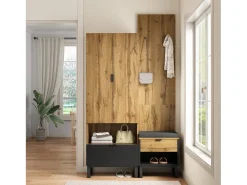 Conjunto de guarda-roupa com sapateira e almofadas, acessórios pendurados na frente, gavetas e prateleiras reguláveis Preto
