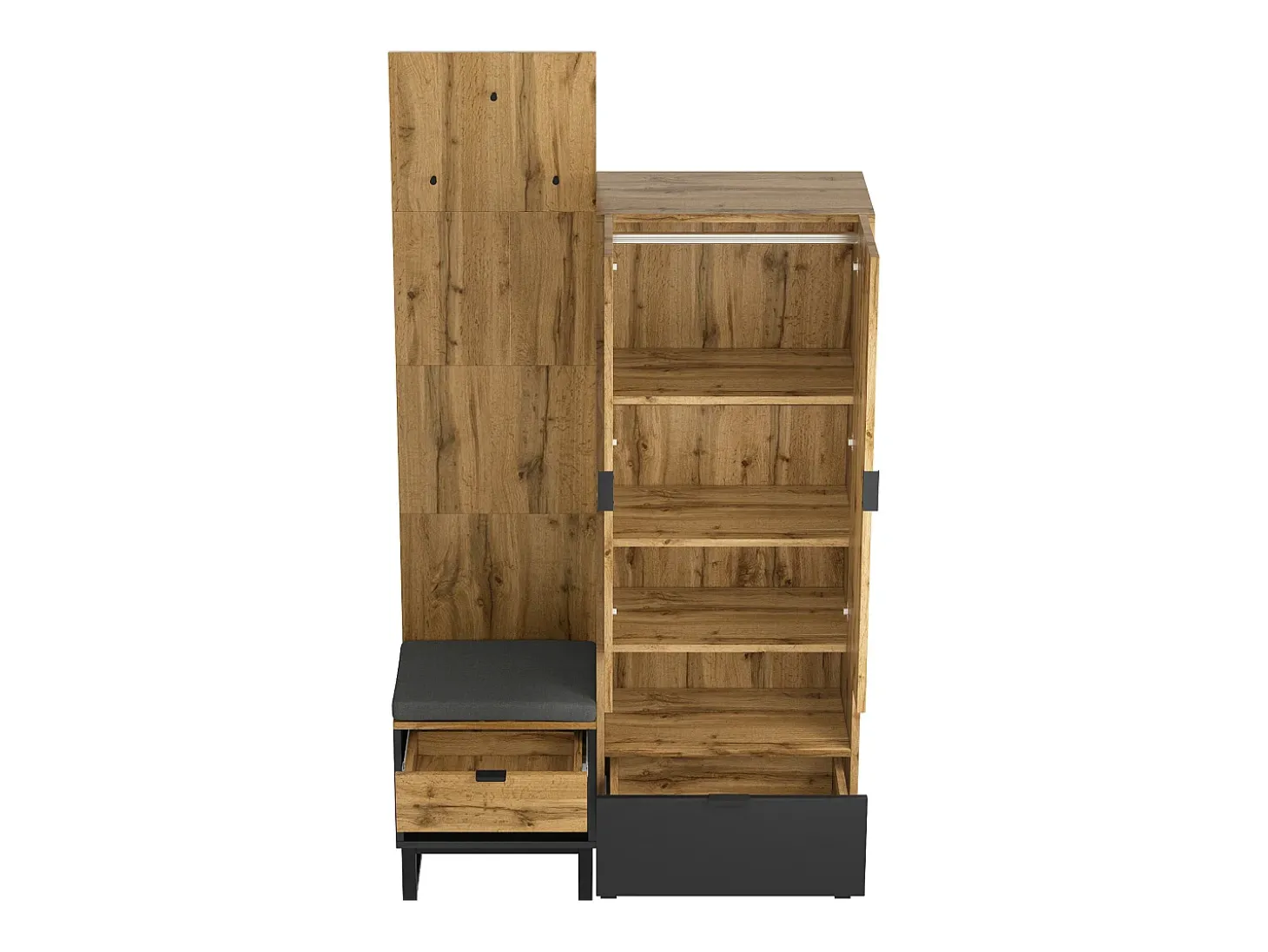 Conjunto de guarda-roupa com sapateira e almofadas, acessórios pendurados na frente, gavetas e prateleiras reguláveis Preto