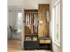 Conjunto de guarda-roupa com sapateira e almofadas, acessórios pendurados na frente, gavetas e prateleiras reguláveis Preto