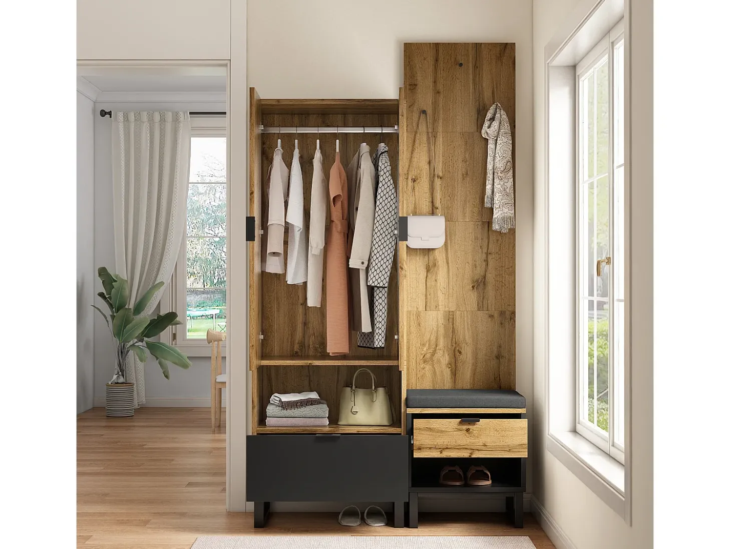 Conjunto de guarda-roupa com sapateira e almofadas, acessórios pendurados na frente, gavetas e prateleiras reguláveis Preto