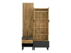 Conjunto de guarda-roupa com sapateira e almofadas, acessórios pendurados na frente, gavetas e prateleiras reguláveis Preto