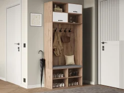 Conjunto de guarda-roupa com banco + 5 ganchos + 2 portas + 6 compartimentos de arrumação - 80 x 35 x 185 cm - aglomerado - natural