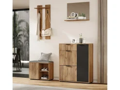 Conjunto de guarda-roupa para hall de entrada - 140 x 35 x 139 cm - com banco e sapateira + 1 espelho + prateleira de parede - aglomerado - natural + preto