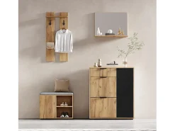 Conjunto de guarda-roupa para hall de entrada - 140 x 35 x 139 cm - com banco e sapateira + 1 espelho + prateleira de parede - aglomerado - natural + preto