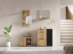 Conjunto de guarda-roupa para hall de entrada - 140 x 35 x 139 cm - com banco e sapateira + 1 espelho + prateleira de parede - aglomerado - natural + preto