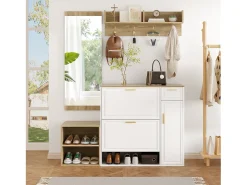 Conjunto de guarda-roupa/armário de 4 peças - com sapateira + banco + cabideiro de parede + espelho - aglomerado - branco