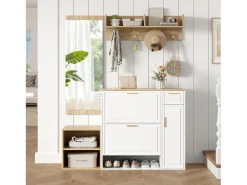Conjunto de guarda-roupa/armário de 4 peças - com sapateira + banco + cabideiro de parede + espelho - aglomerado - branco