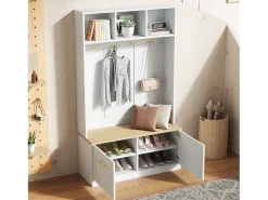 Conjunto de guarda-roupa/armário - 105 x 40 x 180 cm - com banco + espaço de armazenamento aberto + 2 portas + 4 ganchos - MDF + aglomerado - branco