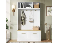 Conjunto de guarda-roupa/armário - 105 x 40 x 180 cm - com banco + espaço de armazenamento aberto + 2 portas + 4 ganchos - MDF + aglomerado - branco