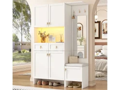 Conjunto de guarda-roupa/vestiário - 120 x 33,5 x 180 cm - com banco + sapateira + 3 ganchos + 2 gavetas + 1 espelho - aglomerado - branco