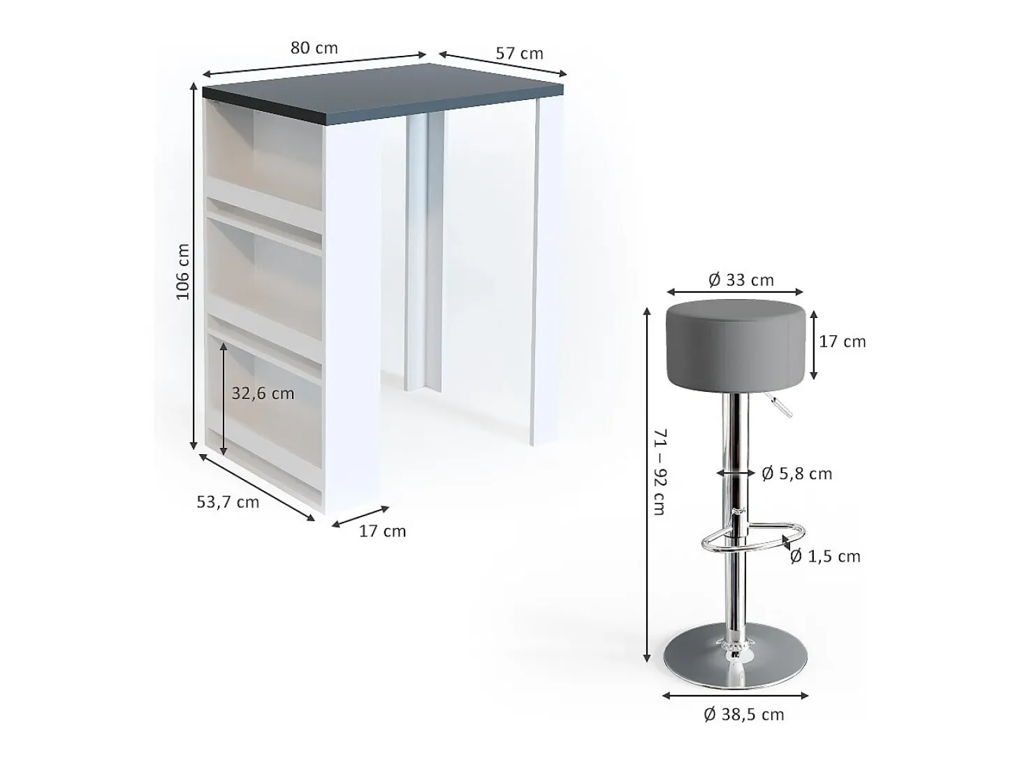 Conjunto de mesa de bar antracite/branco 57x80x106