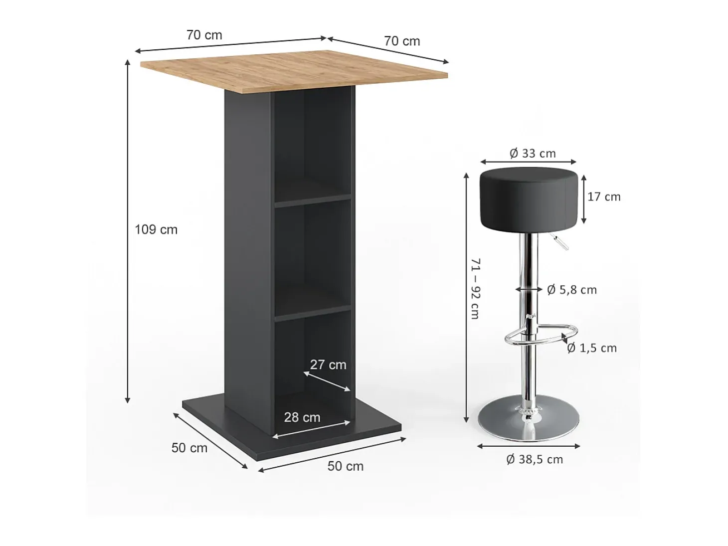 Conjunto de mesa de bar antracite 70x70x109 rodeo