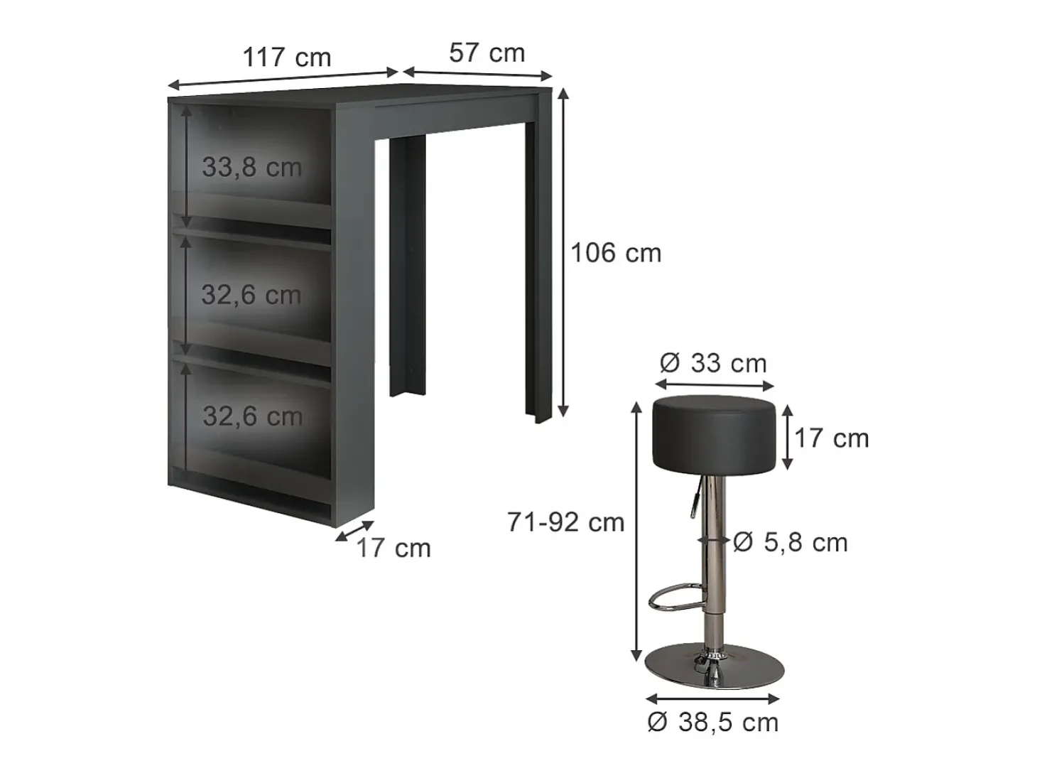 Conjunto de mesa de bar antracite 57x117x106 repose