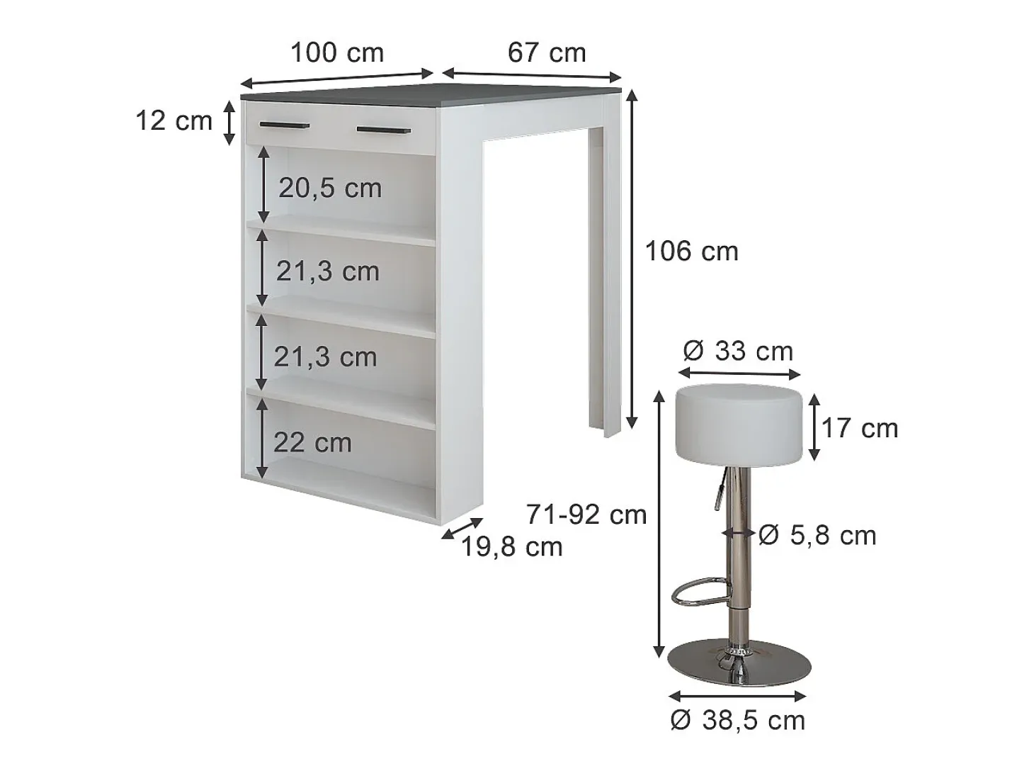 Conjunto de mesa de bar branco/antracite 67x100x106 repose