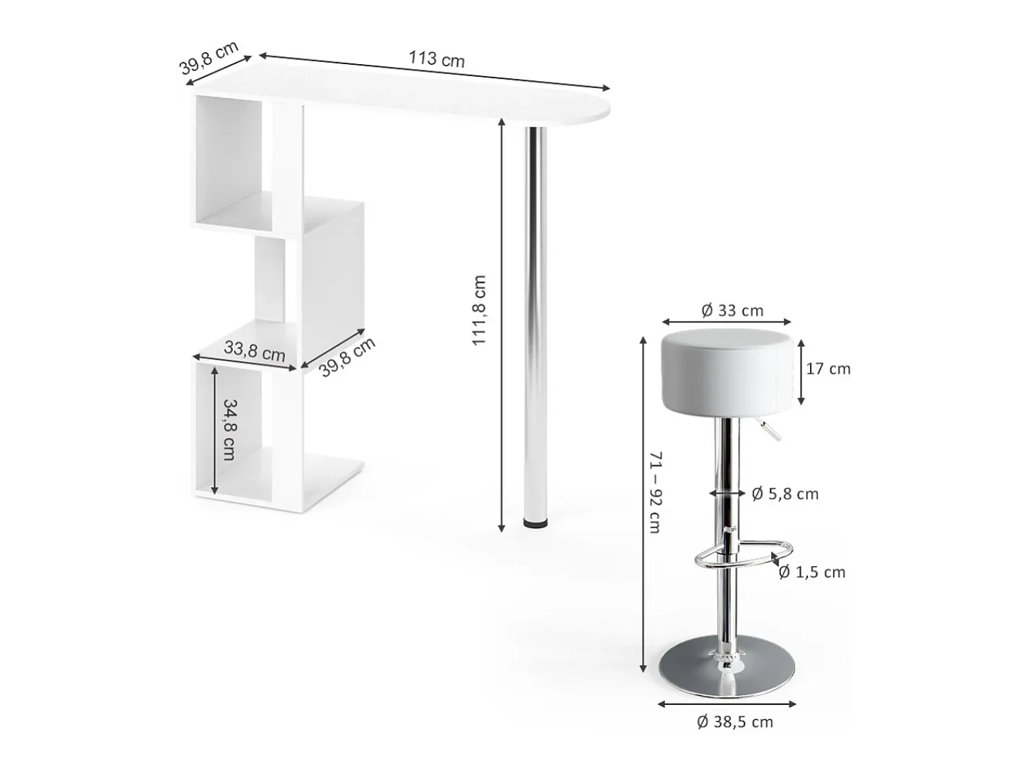 Conjunto de mesa de bar branco 113x39.8x111.8 vincent