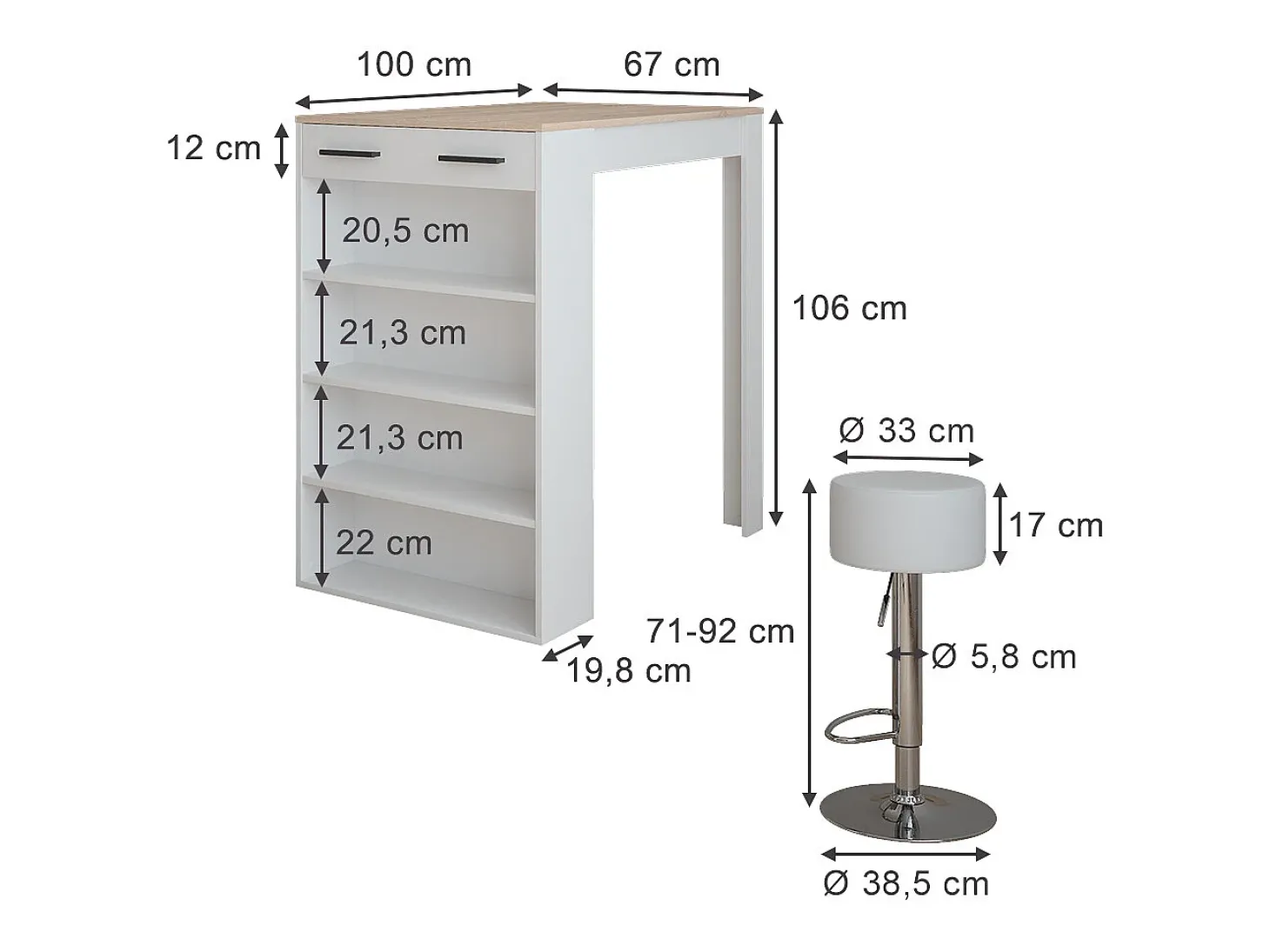 Conjunto de mesa de bar branco/sonoma 67x100x106 repose
