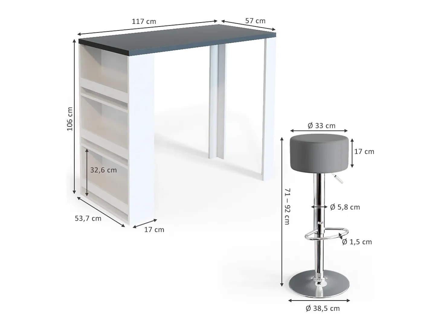 Conjunto de mesa de bar branco/cinza 57x117x106