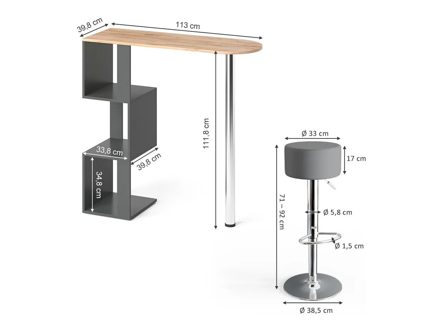 Conjunto de mesa de bar carvalho goldkraft 113x39.8x111.8 vincent