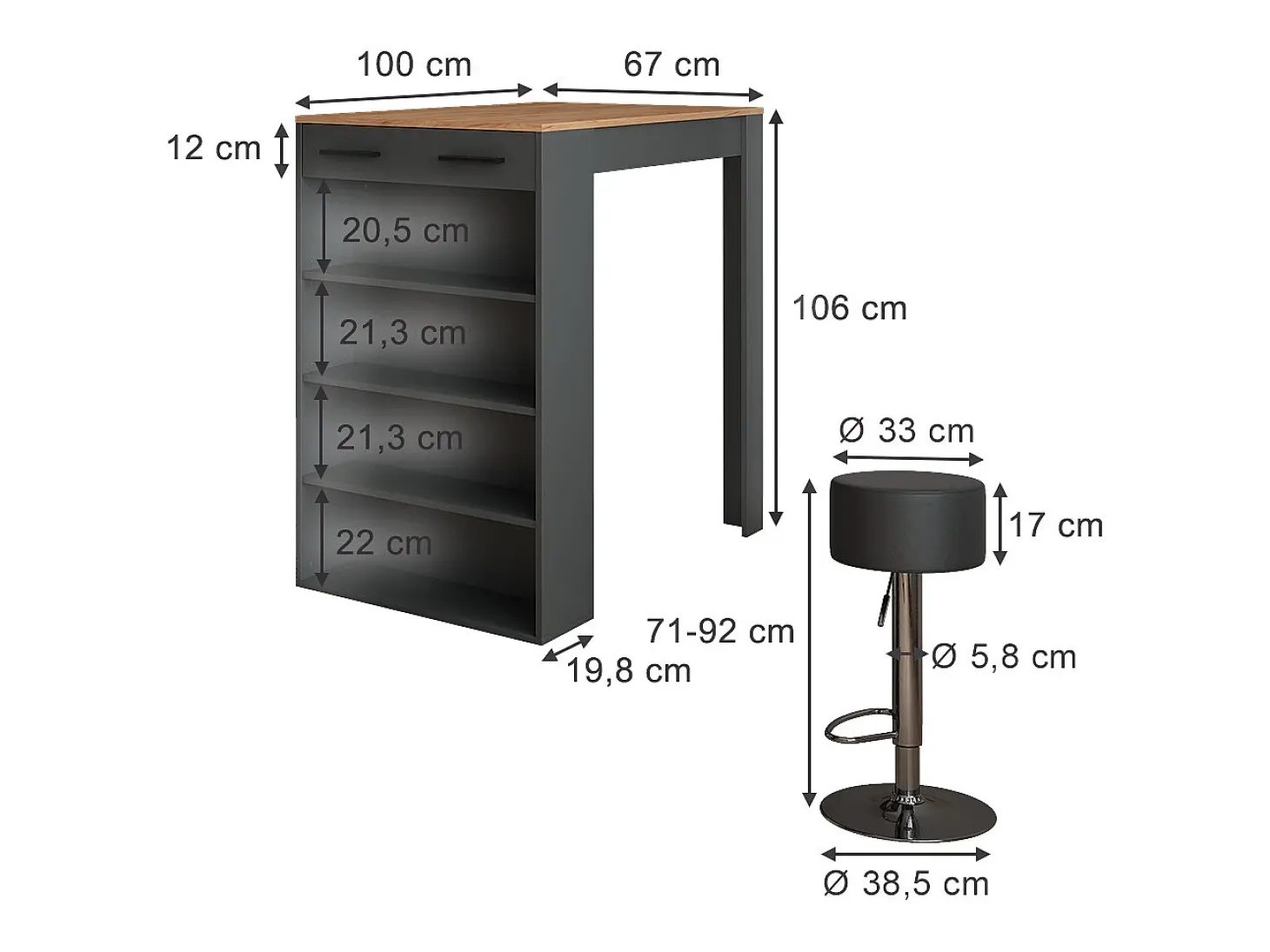 Conjunto de mesa de bar carvalho goldkraft/antracite 67x100x106 repose
