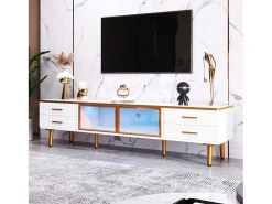 Conjunto de mesa de café + móveis de TV com LEDs 4 gavetas e 1 nichos, bandeja de mesa com estrutura de mármore