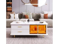 Conjunto de mesa de café + móveis de TV com LEDs 4 gavetas e 1 nichos, bandeja de mesa com estrutura de mármore