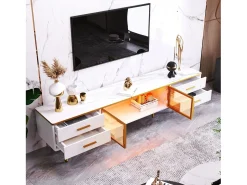 Conjunto de mesa de café + móveis de TV com LEDs 4 gavetas e 1 nichos, bandeja de mesa com estrutura de mármore