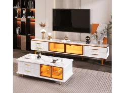 Conjunto de mesa de café + móveis de TV com LEDs 4 gavetas e 1 nichos, bandeja de mesa com estrutura de mármore