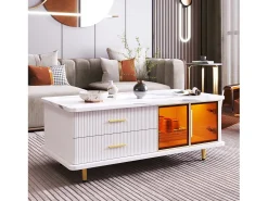 Conjunto de mesa de café + móveis de TV com LEDs 4 gavetas e 1 nichos, bandeja de mesa com estrutura de mármore