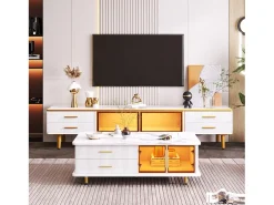 Conjunto de mesa de café + móveis de TV com LEDs 4 gavetas e 1 nichos, bandeja de mesa com estrutura de mármore