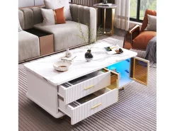 Conjunto de mesa de café + móveis de TV com LEDs 4 gavetas e 1 nichos, bandeja de mesa com estrutura de mármore