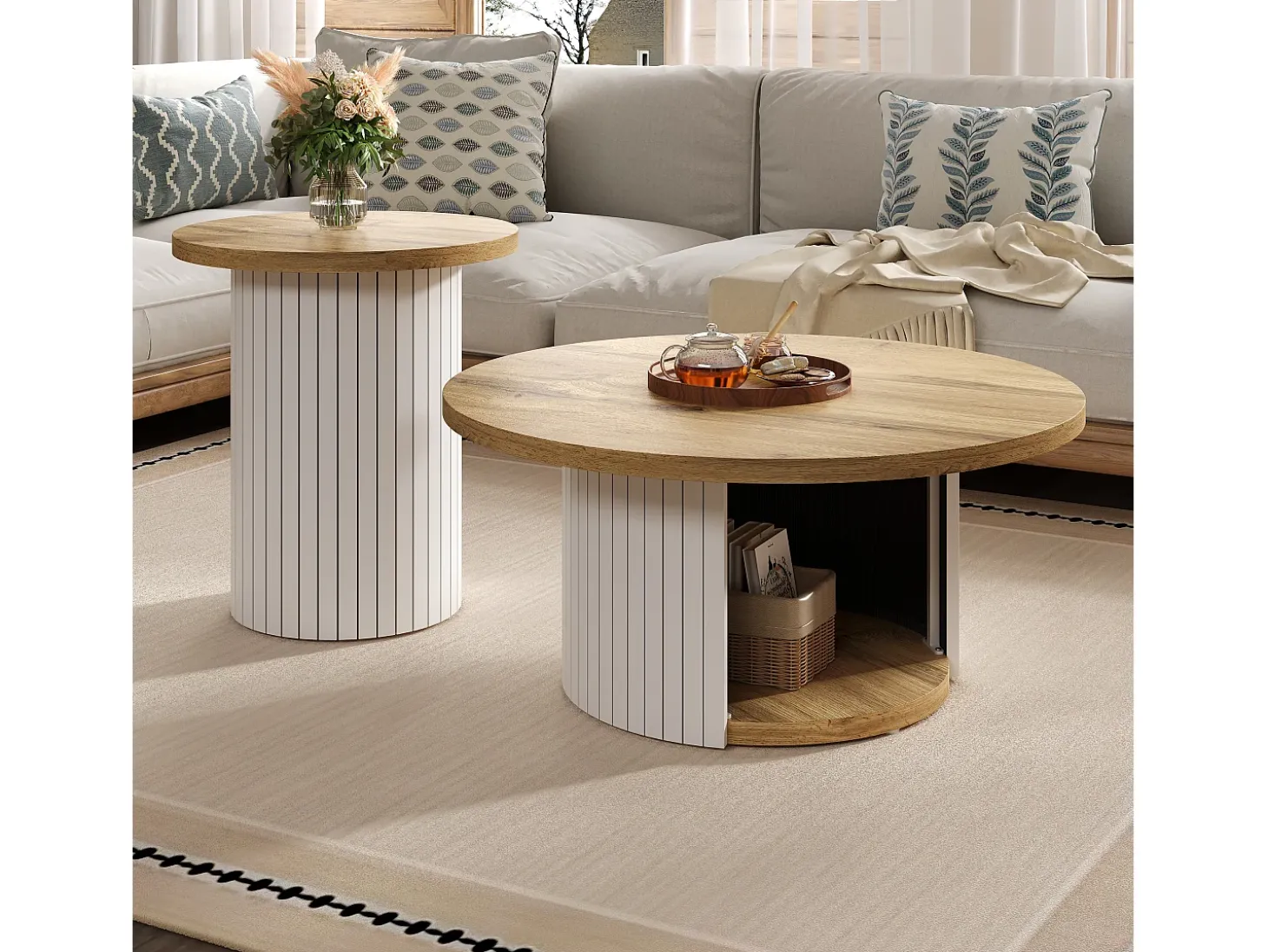 Conjunto de mesa de centro - Tampo redondo - com compartimentos de armazenamento - MDF - Natural
