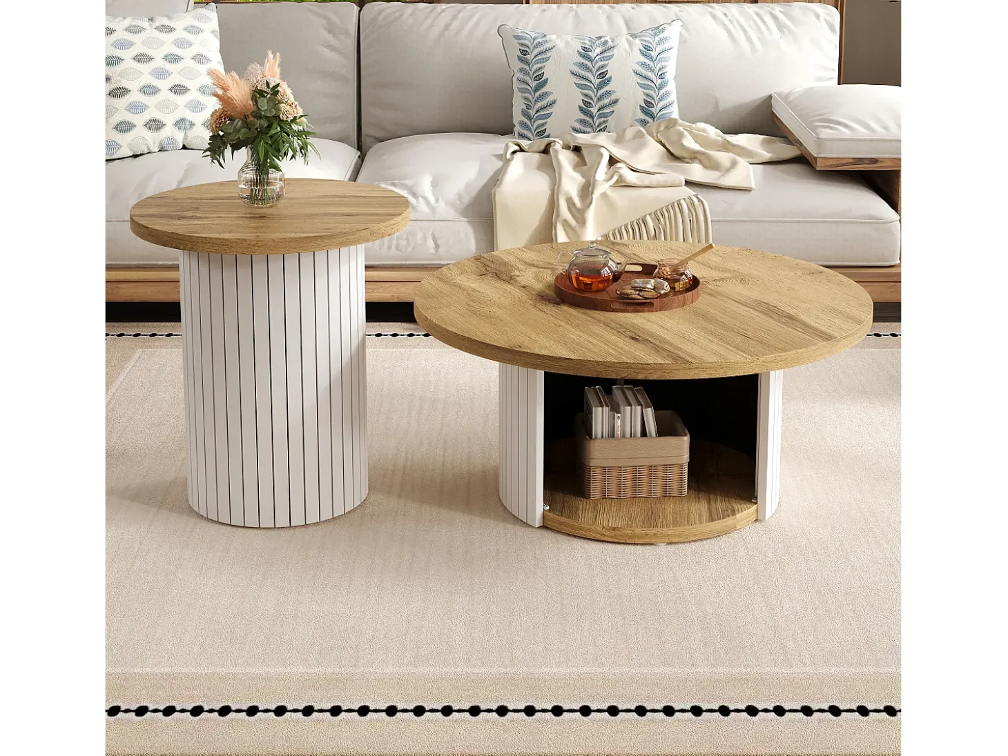 Conjunto de mesa de centro - Tampo redondo - com compartimentos de armazenamento - MDF - Natural