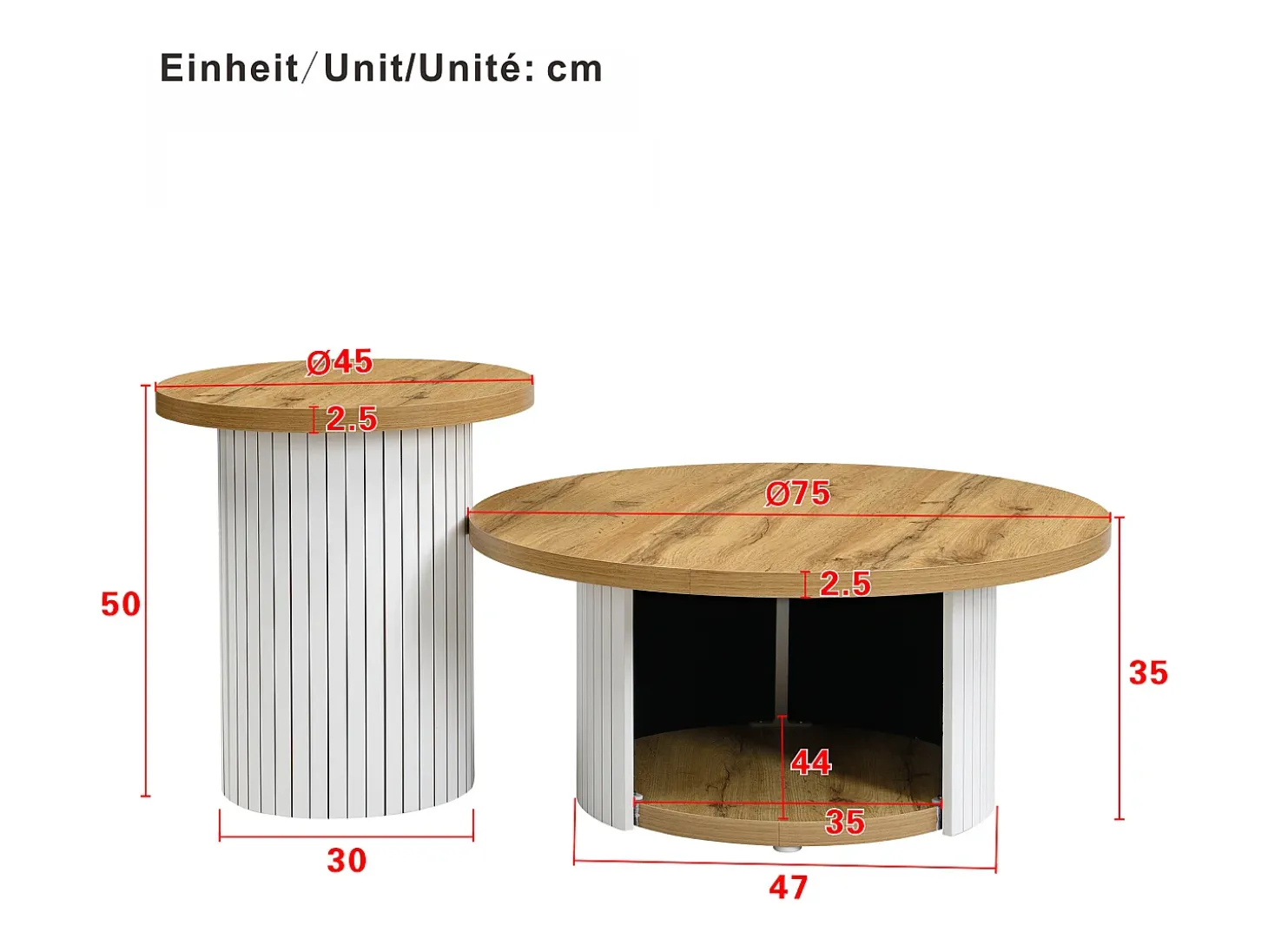 Conjunto de mesa de centro - Tampo redondo - com compartimentos de armazenamento - MDF - Natural