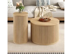 Conjunto de mesa de centro - Tampo redondo - Padrão de listras verticais - MDF - Natural