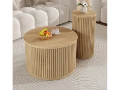Conjunto de mesa de centro - Tampo redondo - Padrão de listras verticais - MDF - Natural