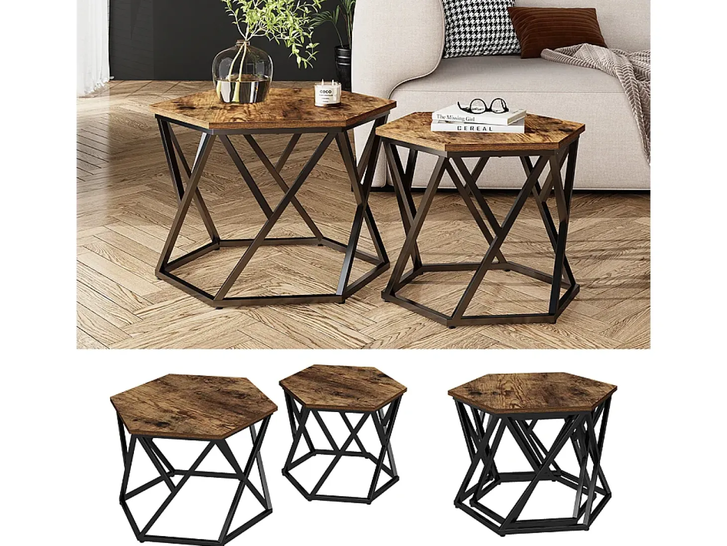 Conjunto de mesa de centro carvalho rústico 57x57x42 fyrk