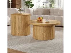 Conjunto de mesa de centro - Tampo redondo - Padrão de listras verticais - MDF - Natural