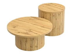 Conjunto de mesa de centro - Tampo redondo - Padrão de listras verticais - MDF - Natural