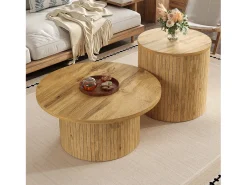Conjunto de mesa de centro - Tampo redondo - Padrão de listras verticais - MDF - Natural