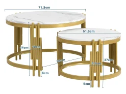Conjunto de mesas de centro com tampo em efeito mármore - Estrutura em metal dourado