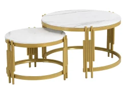 Conjunto de mesas de centro com tampo em efeito mármore - Estrutura em metal dourado