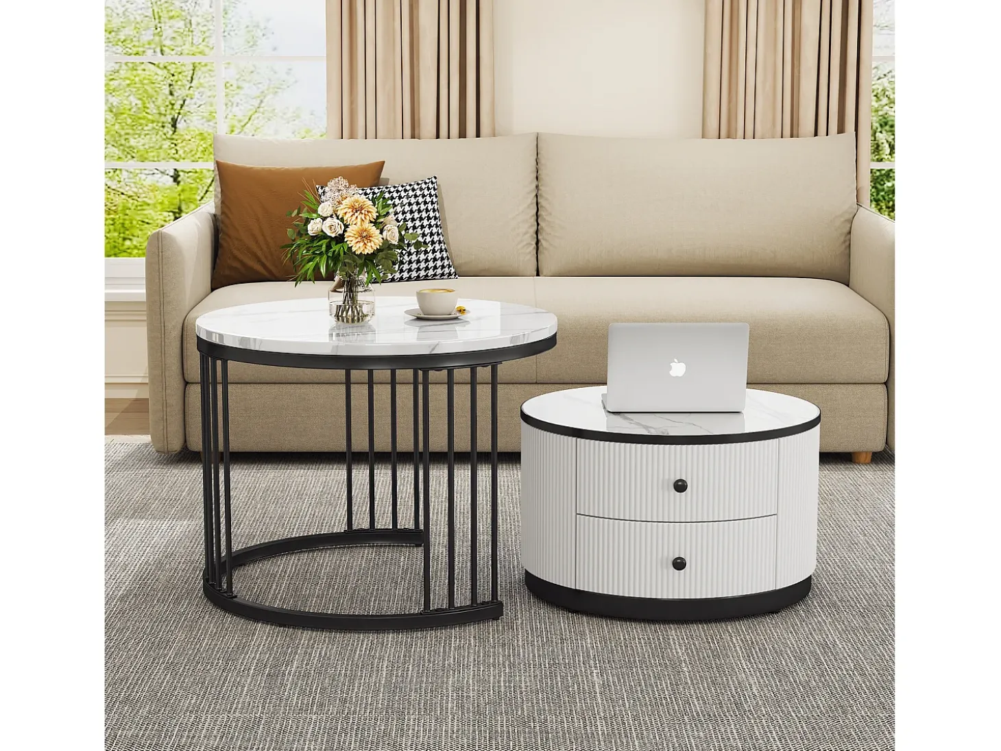 Conjunto de mesas de centro empilháveis com 2 gavetas - Tampo com efeito mármore brilhante - Preto e branco