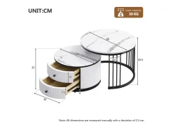 Conjunto de mesas de centro empilháveis com 2 gavetas - Tampo com efeito mármore brilhante - Preto e branco