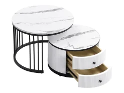 Conjunto de mesas de centro empilháveis com 2 gavetas - Tampo com efeito mármore brilhante - Preto e branco