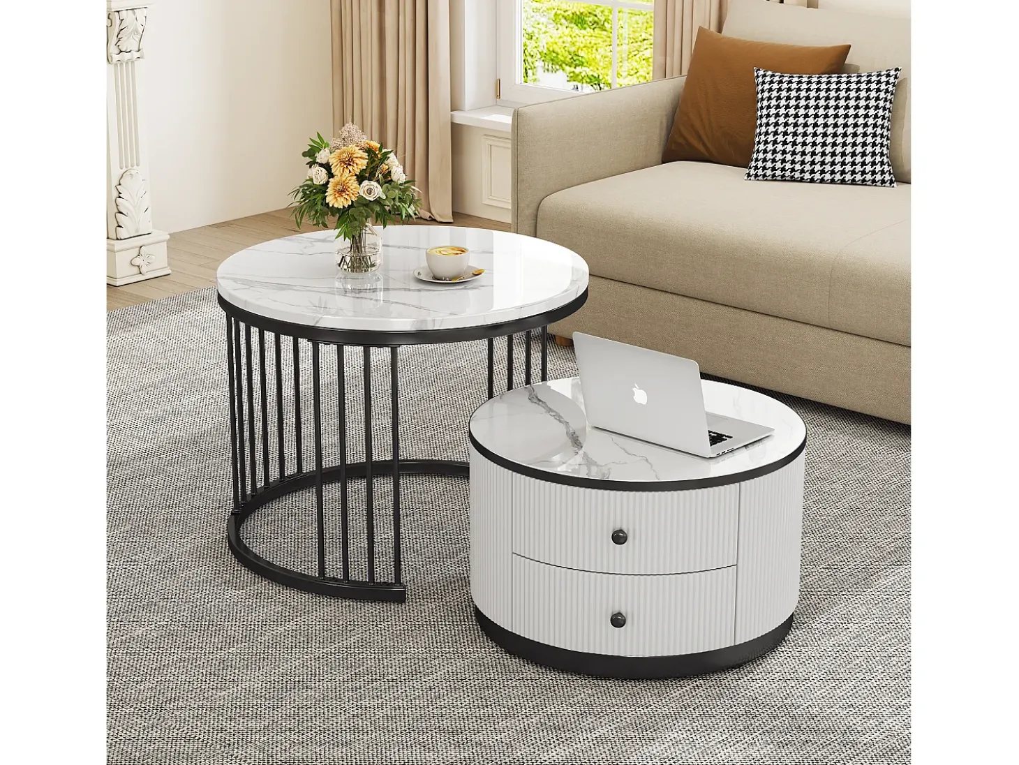 Conjunto de mesas de centro empilháveis com 2 gavetas - Tampo com efeito mármore brilhante - Preto e branco