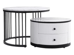 Conjunto de mesas de centro empilháveis com 2 gavetas - Tampo com efeito mármore brilhante - Preto e branco