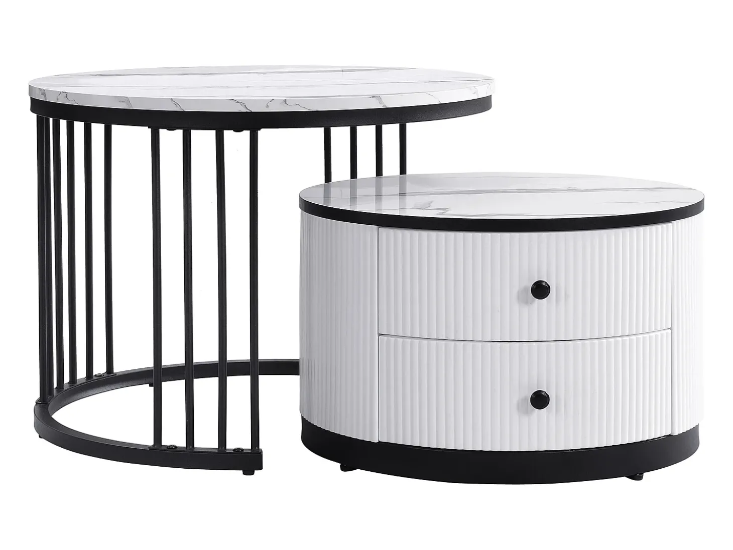 Conjunto de mesas de centro empilháveis com 2 gavetas - Tampo com efeito mármore brilhante - Preto e branco