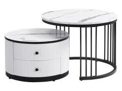 Conjunto de mesas de centro empilháveis com 2 gavetas - Tampo com efeito mármore brilhante - Preto e branco