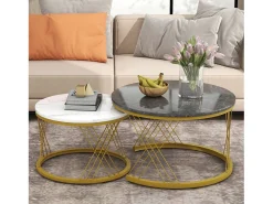 Conjunto de mesas de centro empilháveis em madeira - folheado com efeito mármore branco e metal dourado - MDF - para sala de estar - cinza e branco