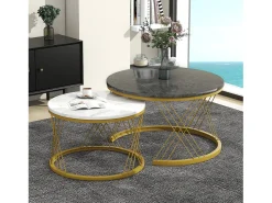 Conjunto de mesas de centro empilháveis em madeira - folheado com efeito mármore branco e metal dourado - MDF - para sala de estar - cinza e branco